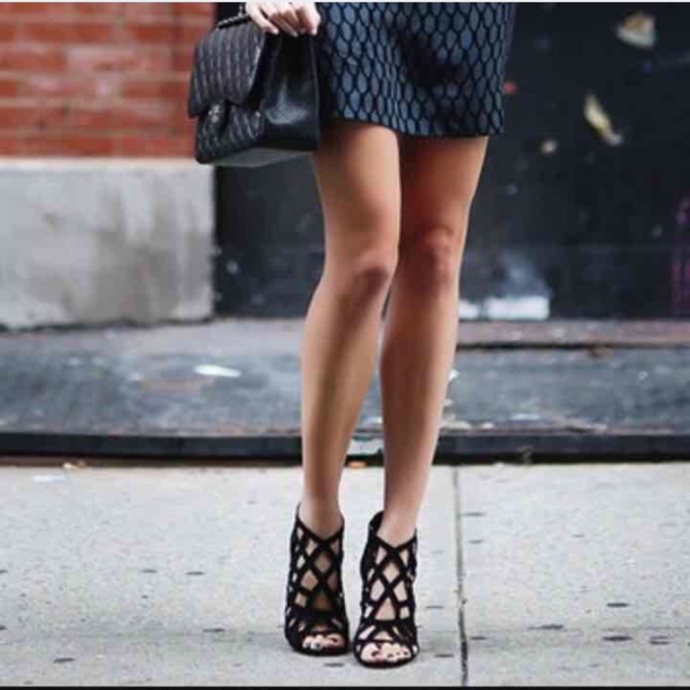Black suede cage stiletto heels